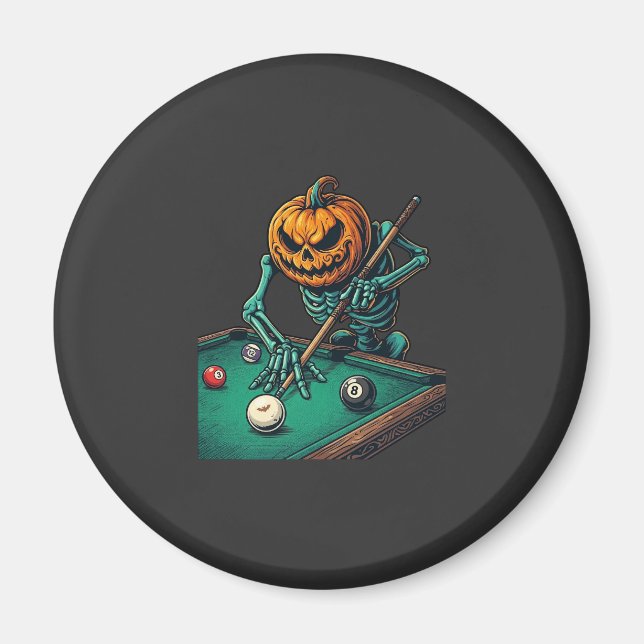 Halloween Pumpkin Skeleton Playing Pool Billiards  Magnet (Front)