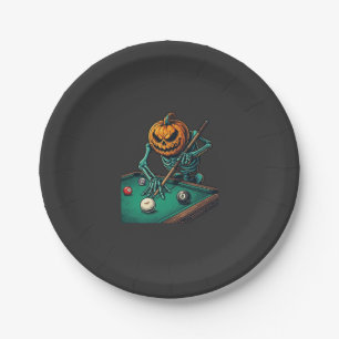Halloween Pumpkin Skeleton Playing Pool Billiards Paper Plate