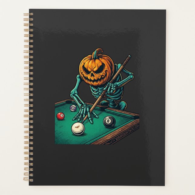 Halloween Pumpkin Skeleton Playing Pool Billiards  Planner (Front)