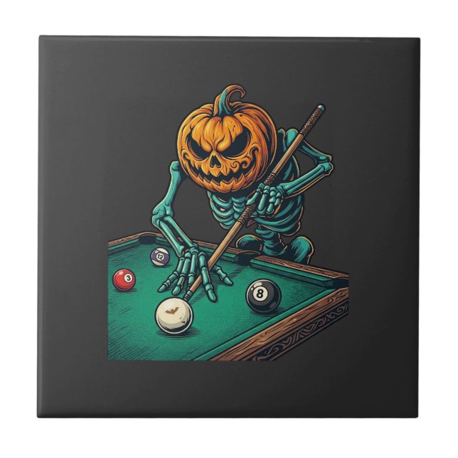 Halloween Pumpkin Skeleton Playing Pool Billiards  Tile (Front)