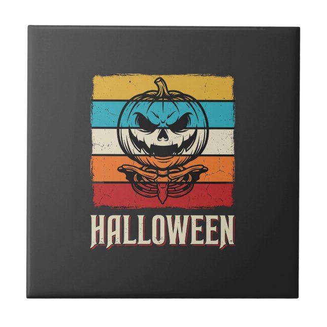 Halloween Pumpkin Skull Retro Vintage Tile (Front)