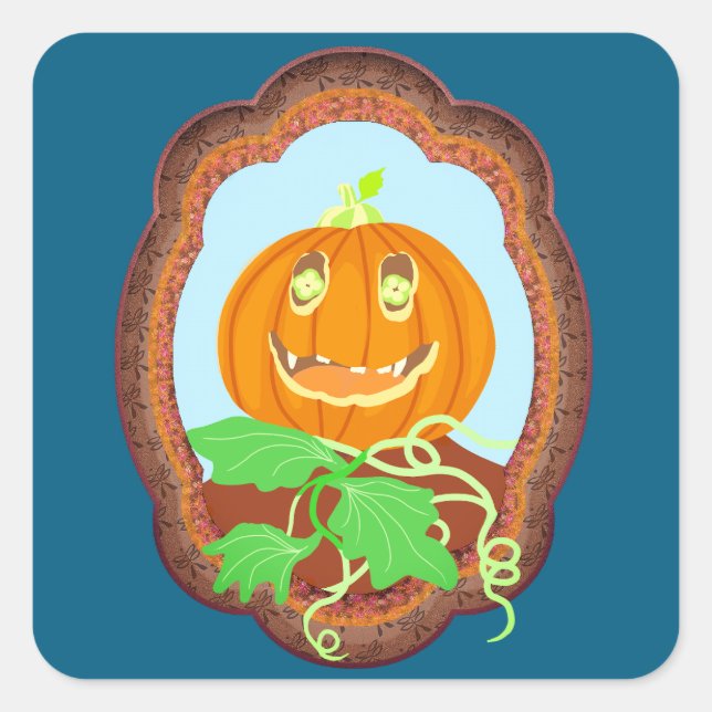 Halloween pumpkin smiling whimsical and spooky square sticker (Front)