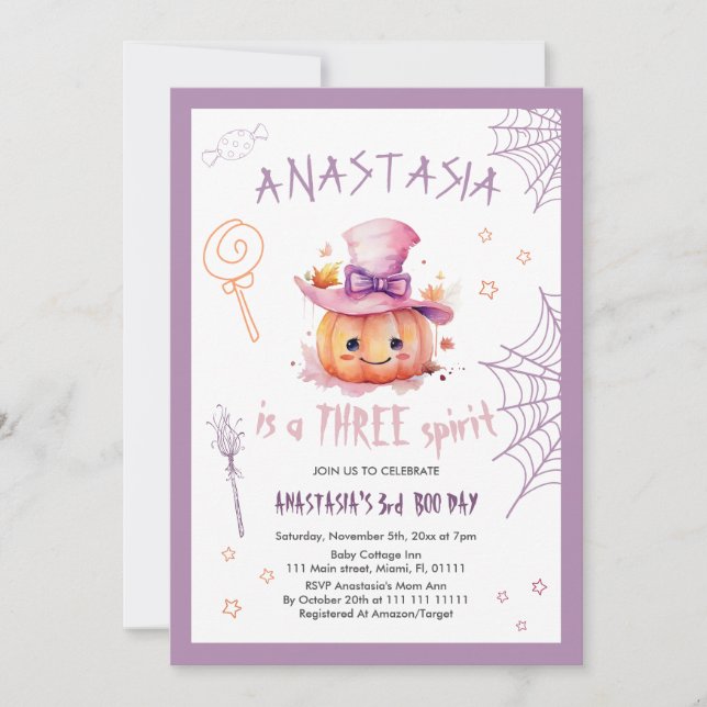 Halloween Pumpkin Spooky Baby Girl 3rd Birthday Invitation (Front)