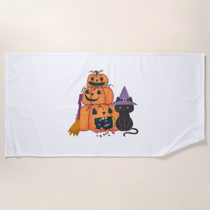 Halloween Pumpkin Stack with Black Cat, Candy & Mo Beach Towel