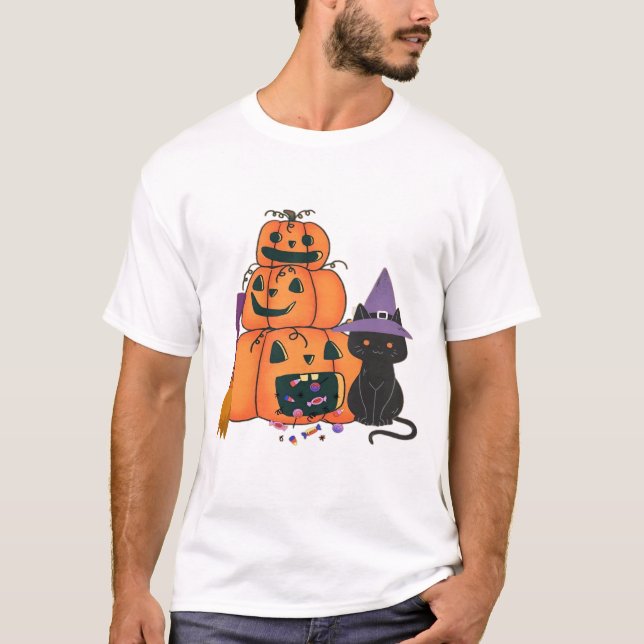 Halloween Pumpkin Stack with Black Cat, Candy & Mo T-Shirt (Front)
