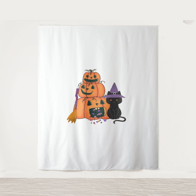 Halloween Pumpkin Stack with Black Cat, Candy & Mo Tapestry (Front)
