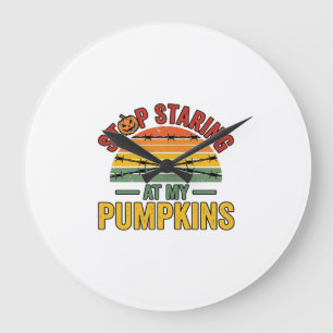 Halloween Pumpkin Stop Staring Funny Vintage_1 Large Clock