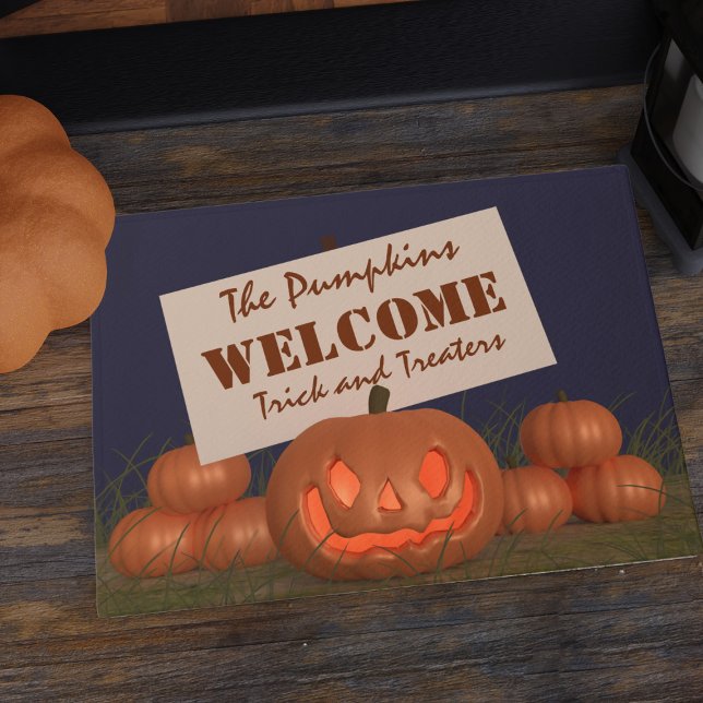 Halloween Pumpkin Trick or Treat Welcome Doormat (Welcome your trick and treaters with this creepy pumpkin Halloween doormat!)