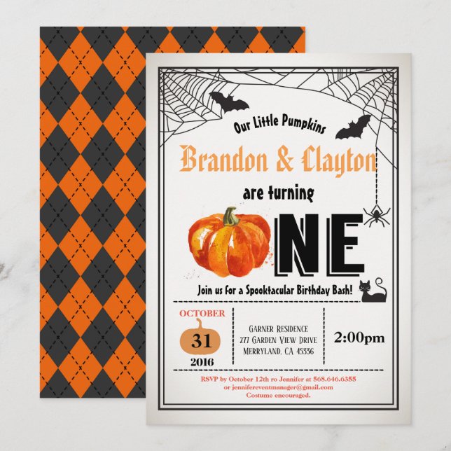 Halloween pumpkin twins 1st first birthday party invitation (Front/Back)