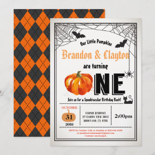 Halloween pumpkin twins 1st first birthday party invitation
