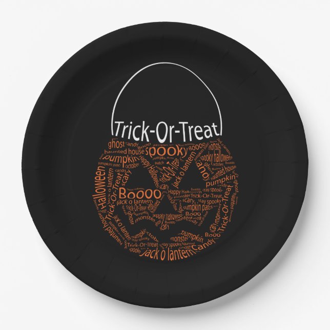 Halloween Pumpkin Typography Orange Black Paper Plate (Front)
