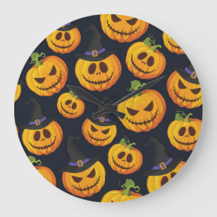 Halloween Pumpkin: Vintage Witch Pattern Large Clock