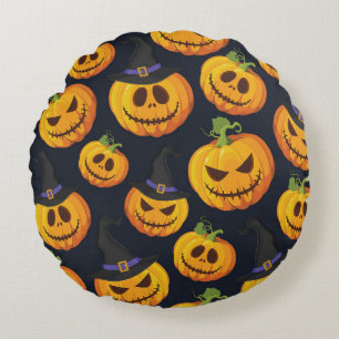 Halloween Pumpkin: Vintage Witch Pattern Round Cushion