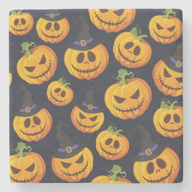 Halloween Pumpkin: Vintage Witch Pattern Stone Coaster (Front)