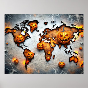 Halloween Pumpkin Wall Art World Map Poster