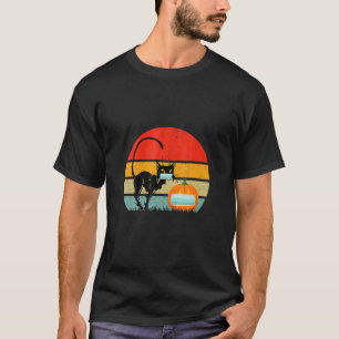 Halloween Pumpkin Wearing Face Mask Black Cat Retr T-Shirt