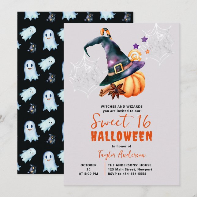 Halloween Pumpkin Witch Candy Ghosts Cute Sweet 16 Invitation (Front/Back)