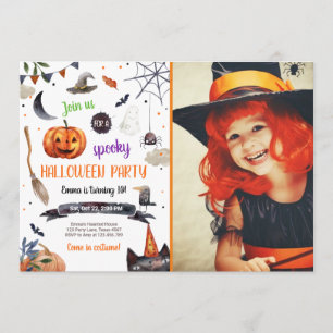 Halloween Pumpkin Witch Cat Spider Spooky Birthday Invitation