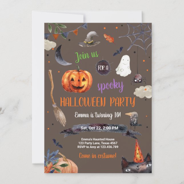 Halloween Pumpkin Witch Cat Spider Spooky Birthday Invitation (Front)