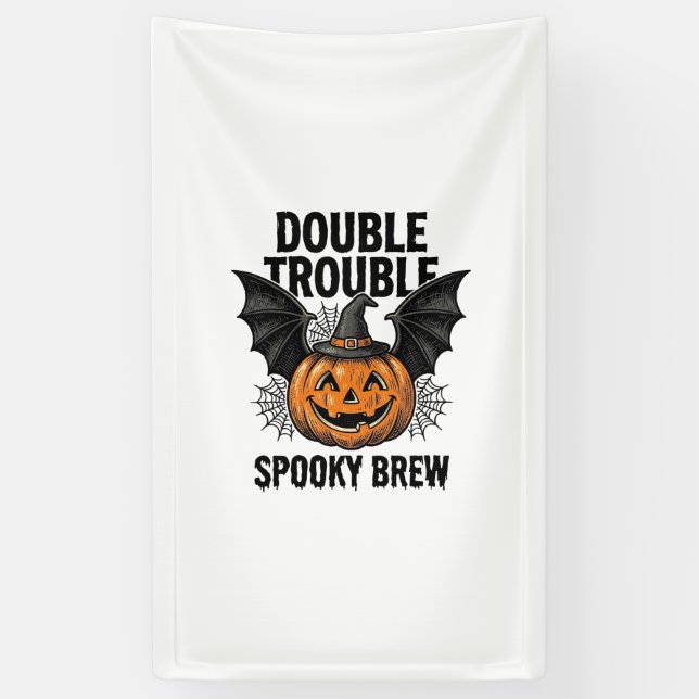 Halloween Pumpkin Witch Double Trouble Vintage Des Banner (Vertical)