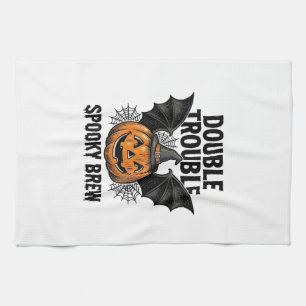 Halloween Pumpkin Witch Double Trouble Vintage Des Tea Towel
