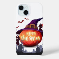 Halloween Pumpkin, Witch Hat and Black Cats