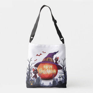 Halloween-Pumpkin, Witch Hat and Black Cats Crossbody Bag
