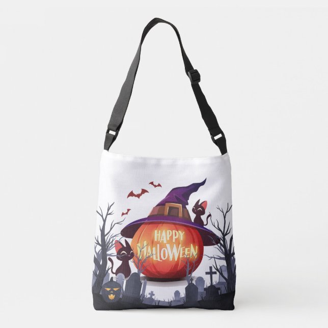 Halloween-Pumpkin, Witch Hat and Black Cats Crossbody Bag (Back)