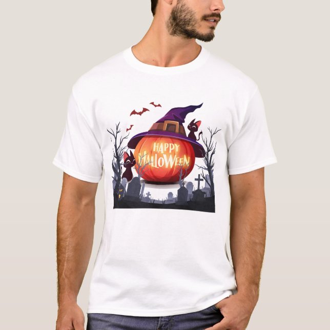 Halloween-Pumpkin, Witch Hat and Black Cats T-Shirt (Front)