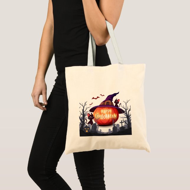 Halloween-Pumpkin, Witch Hat and Black Cats Tote Bag (Front (Product))