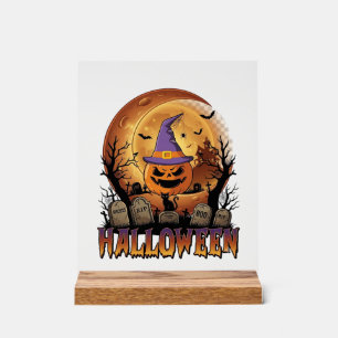 Halloween Pumpkin Witch Hat Black Cat Full Moon_1 Acrylic Sign