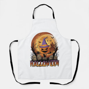Halloween Pumpkin Witch Hat Black Cat Full Moon_1 Apron