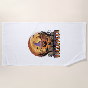 Halloween Pumpkin Witch Hat Black Cat Full Moon_1 Beach Towel