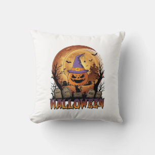 Halloween Pumpkin Witch Hat Black Cat Full Moon_1 Cushion