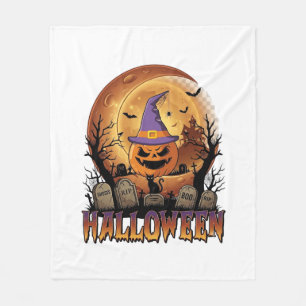 Halloween Pumpkin Witch Hat Black Cat Full Moon_1 Fleece Blanket