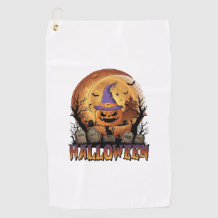 Halloween Pumpkin Witch Hat Black Cat Full Moon_1 Golf Towel