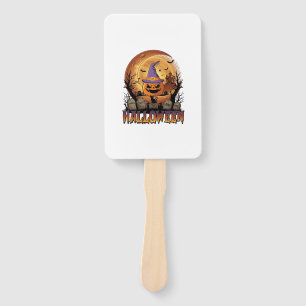 Halloween Pumpkin Witch Hat Black Cat Full Moon_1 Hand Fan