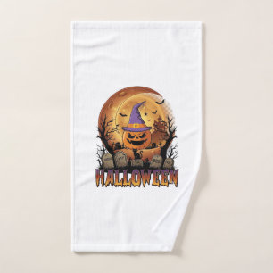 Halloween Pumpkin Witch Hat Black Cat Full Moon_1 Hand Towel