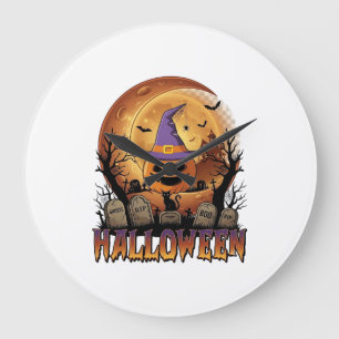 Halloween Pumpkin Witch Hat Black Cat Full Moon_1 Large Clock