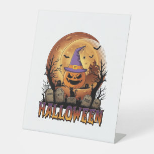 Halloween Pumpkin Witch Hat Black Cat Full Moon_1 Pedestal Sign