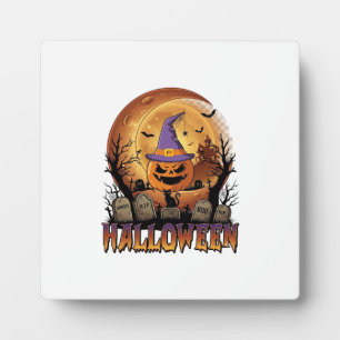Halloween Pumpkin Witch Hat Black Cat Full Moon_1 Plaque