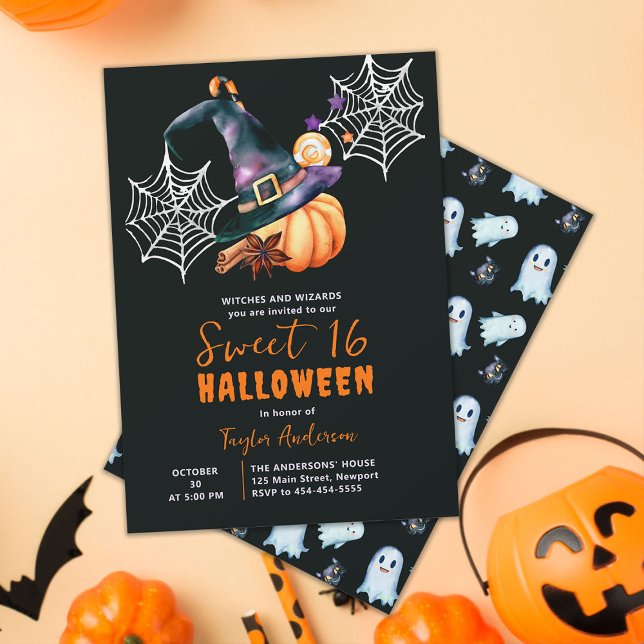 Halloween Pumpkin Witch Hat Ghosts Cute Sweet 16 Invitation (sweet 16 halloween birthday party invitation watercolor pumpkin witch hat spiderweb candy elegant)