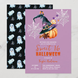 Halloween Pumpkin Witch Hat Ghosts Purple Sweet 16 Invitation
