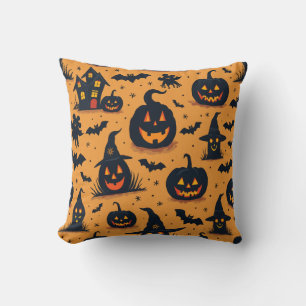 Halloween Pumpkin Witch Hat Pattern Pillow Cushion
