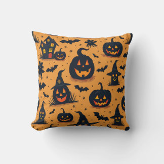 Halloween Pumpkin Witch Hat Pattern Pillow Cushion