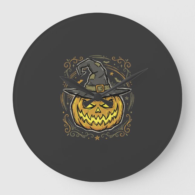 Halloween Pumpkin Witch Hat Vector Design Large Clock (Front)