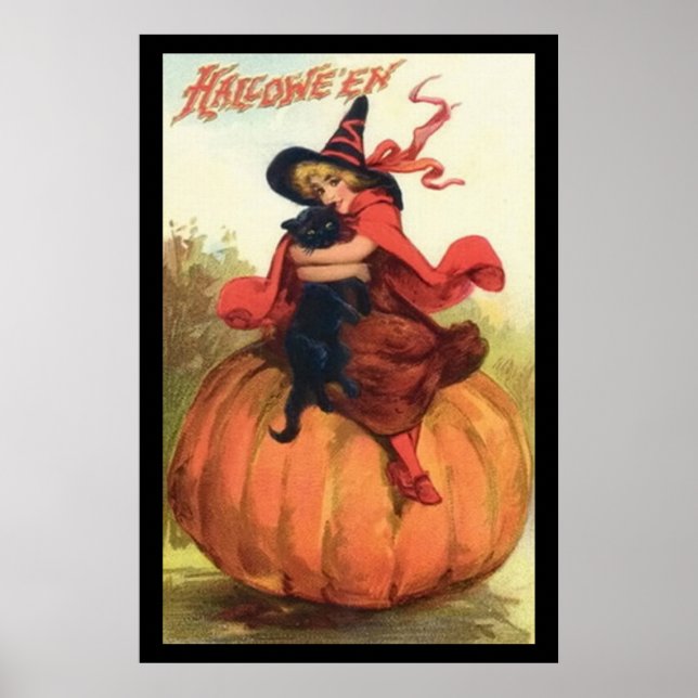 Halloween Pumpkin Witch In Red on top of a pumpkin Poster (Front)