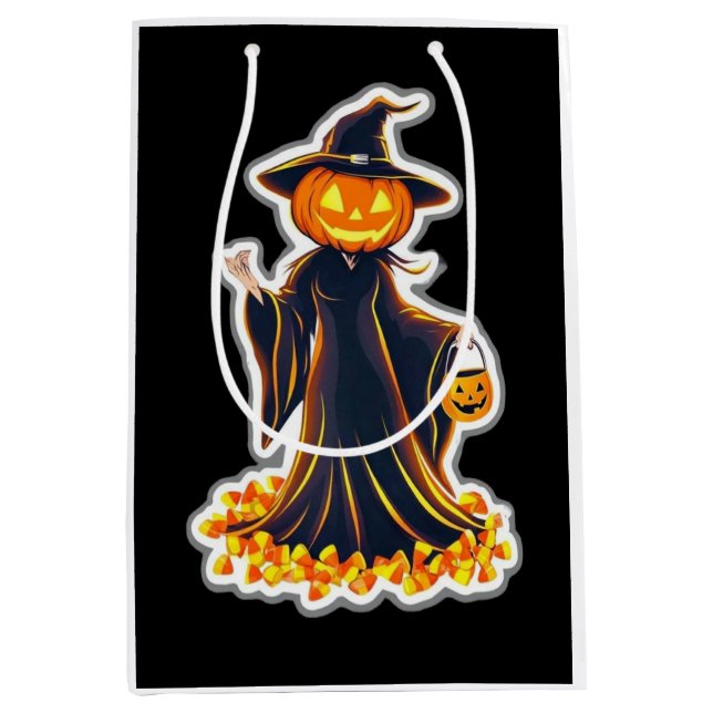 Halloween Pumpkin Witch Sticker Design Art Medium Gift Bag (Front)