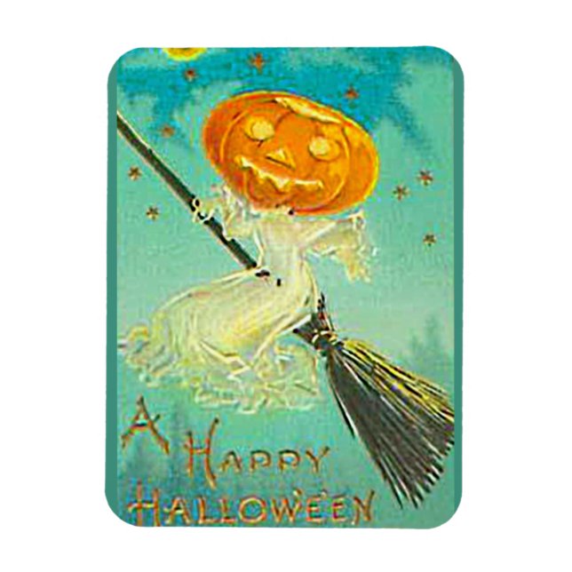 Halloween Pumpkin Witch Vintage Postcard Magnet (Vertical)