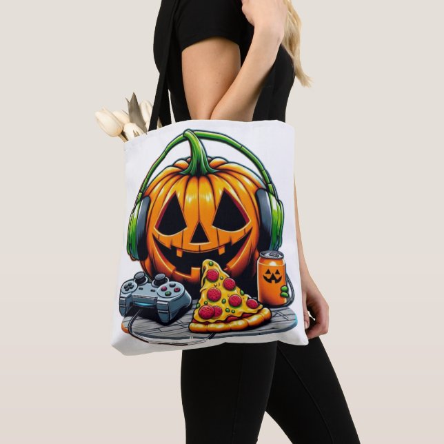 Halloween Pumpkin with Headphones and Games? Tote Bag (Close Up)